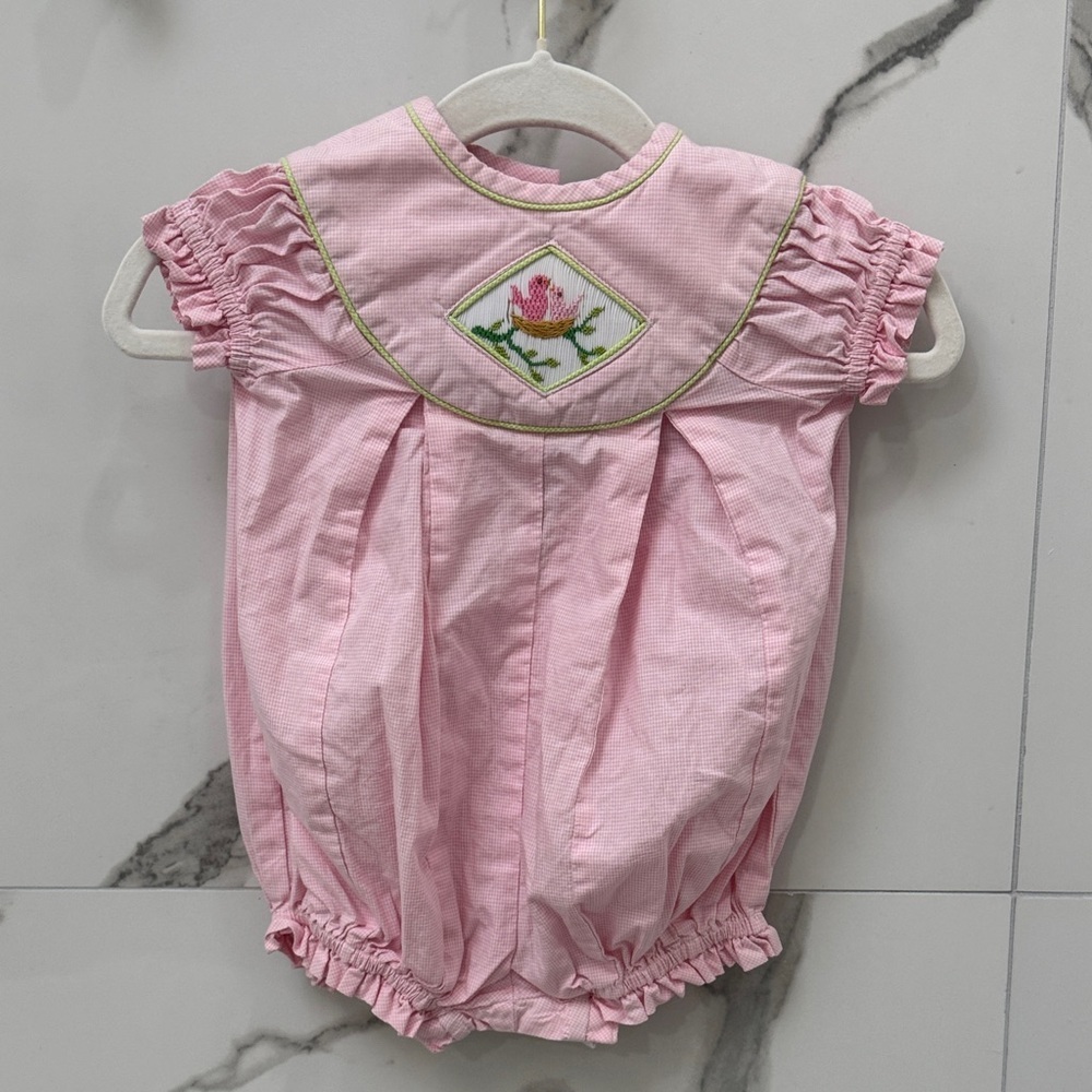 Baby Pink Smocked One Piece with Embroidered Detail - Picture 1 of 4